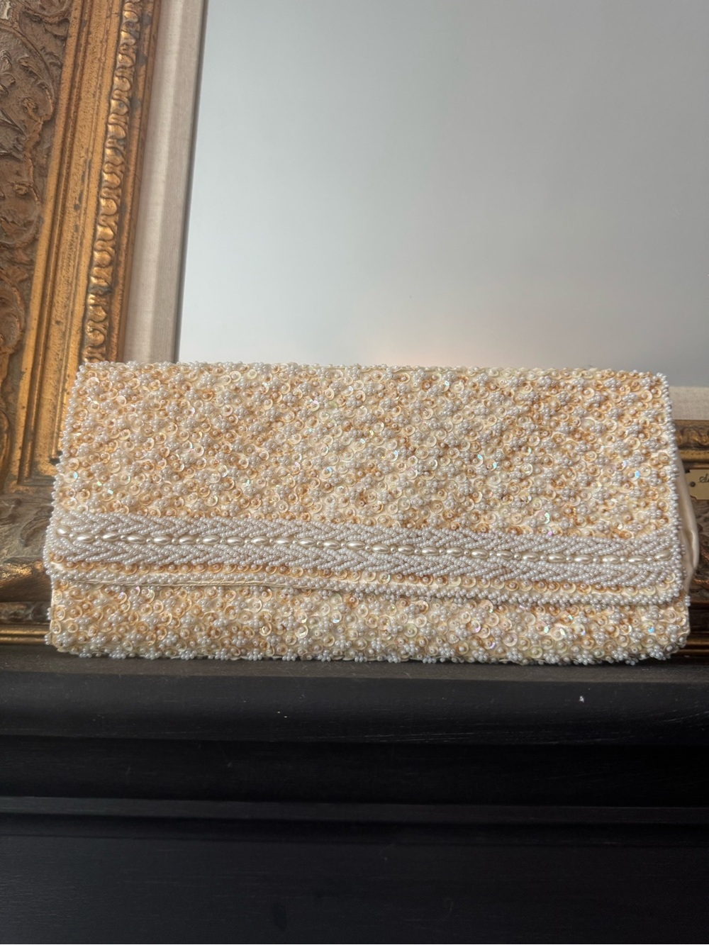 Vintage La Regale Ivory Pearl & Sequin Beaded Clutch
